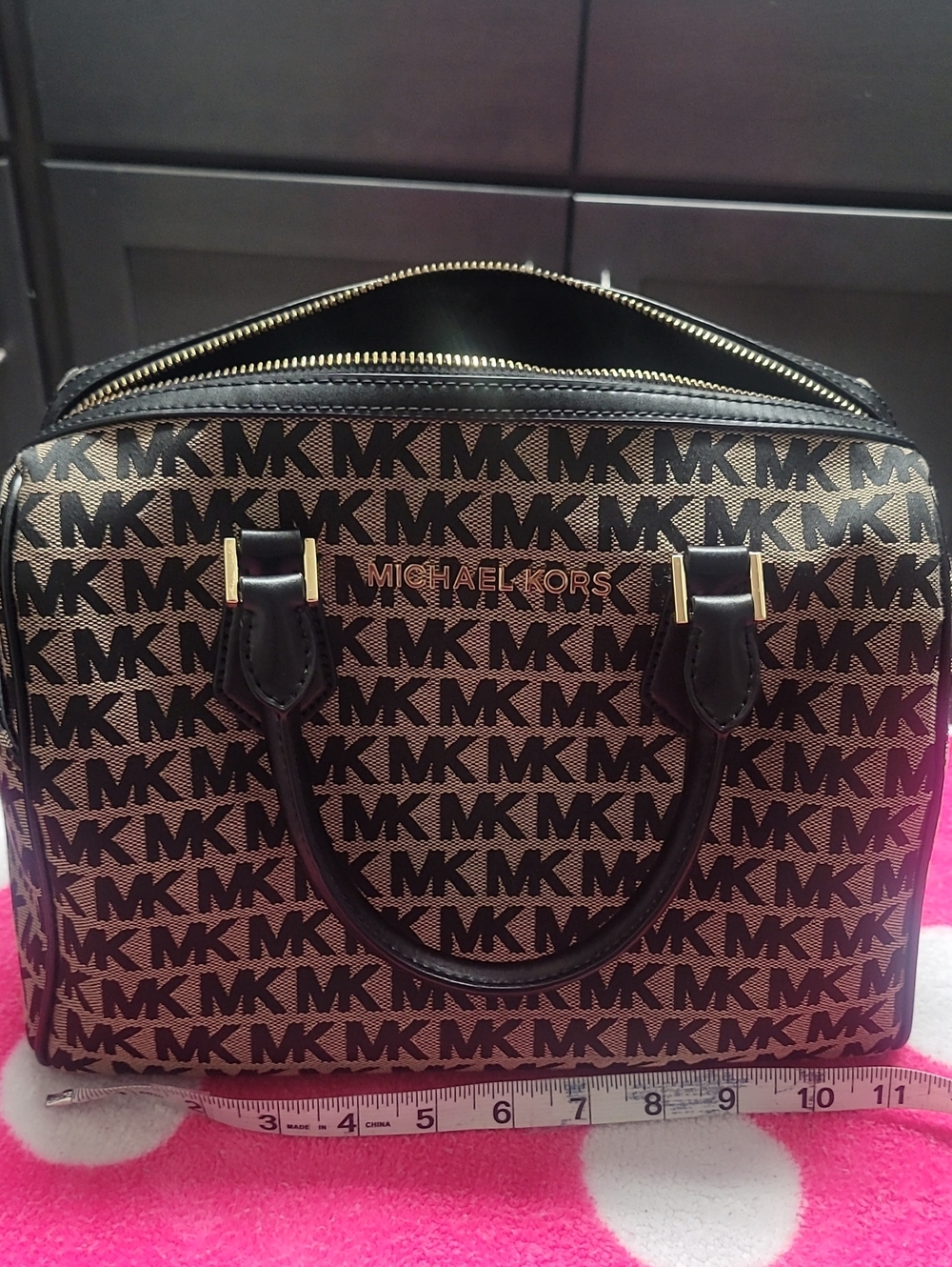 Michael Kors Brown/Black MK Logo Satchel with Tassel and Pearl Strap - Picture 7 of 9